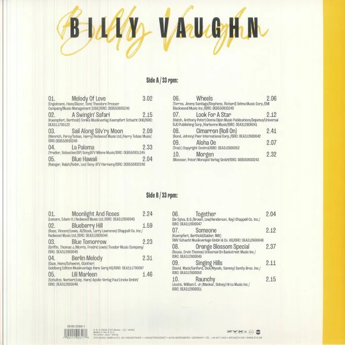 Обратная сторона обложки — Billy VAUGHN — His Greatest Hits