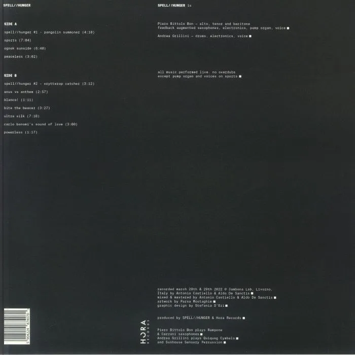 Back cover — Piero BITTOLO BON / ANDREA GRILLINI — Spell / Hunger