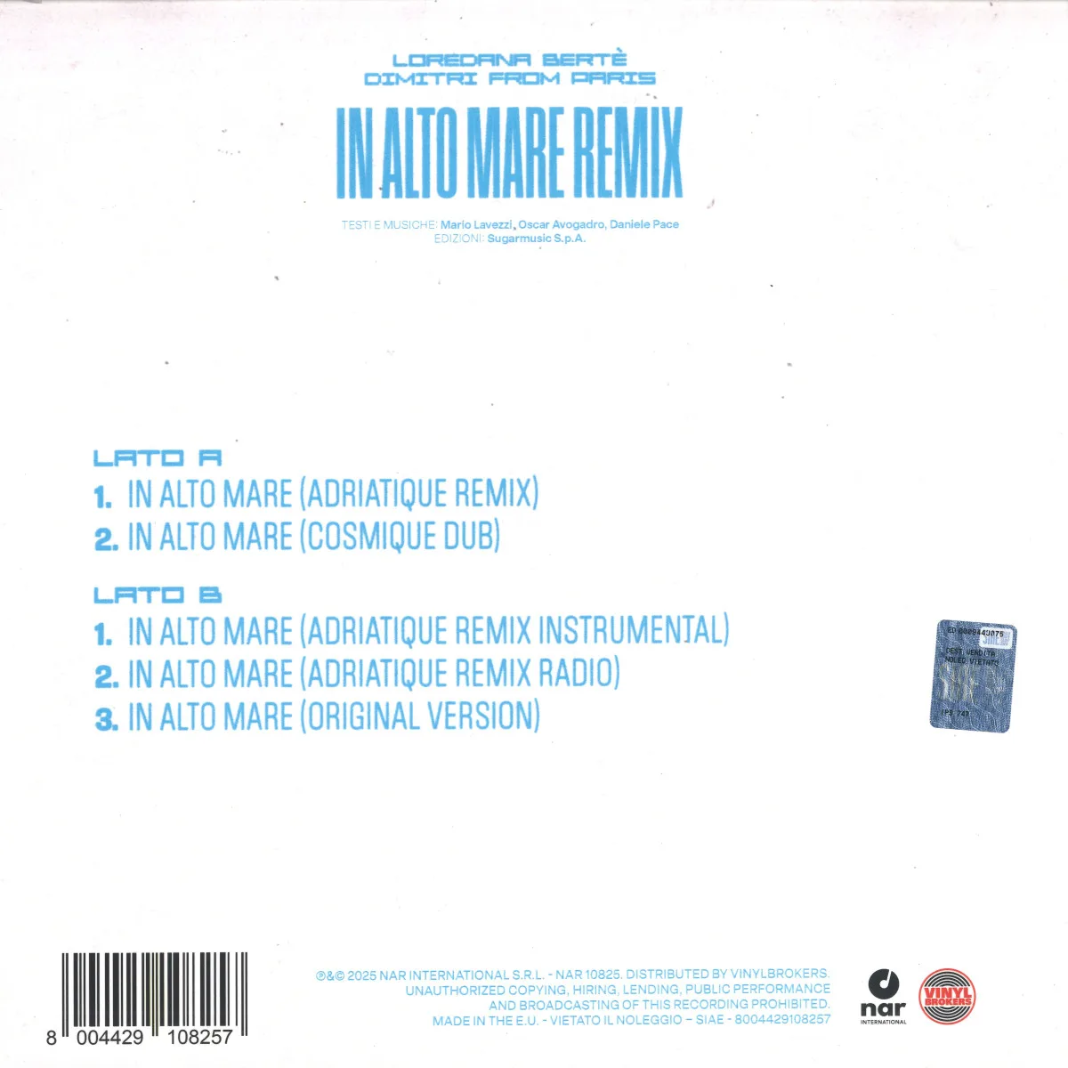 Back cover — Loredana Bertè — In Alto Mare - Dimitri From Paris Remixes