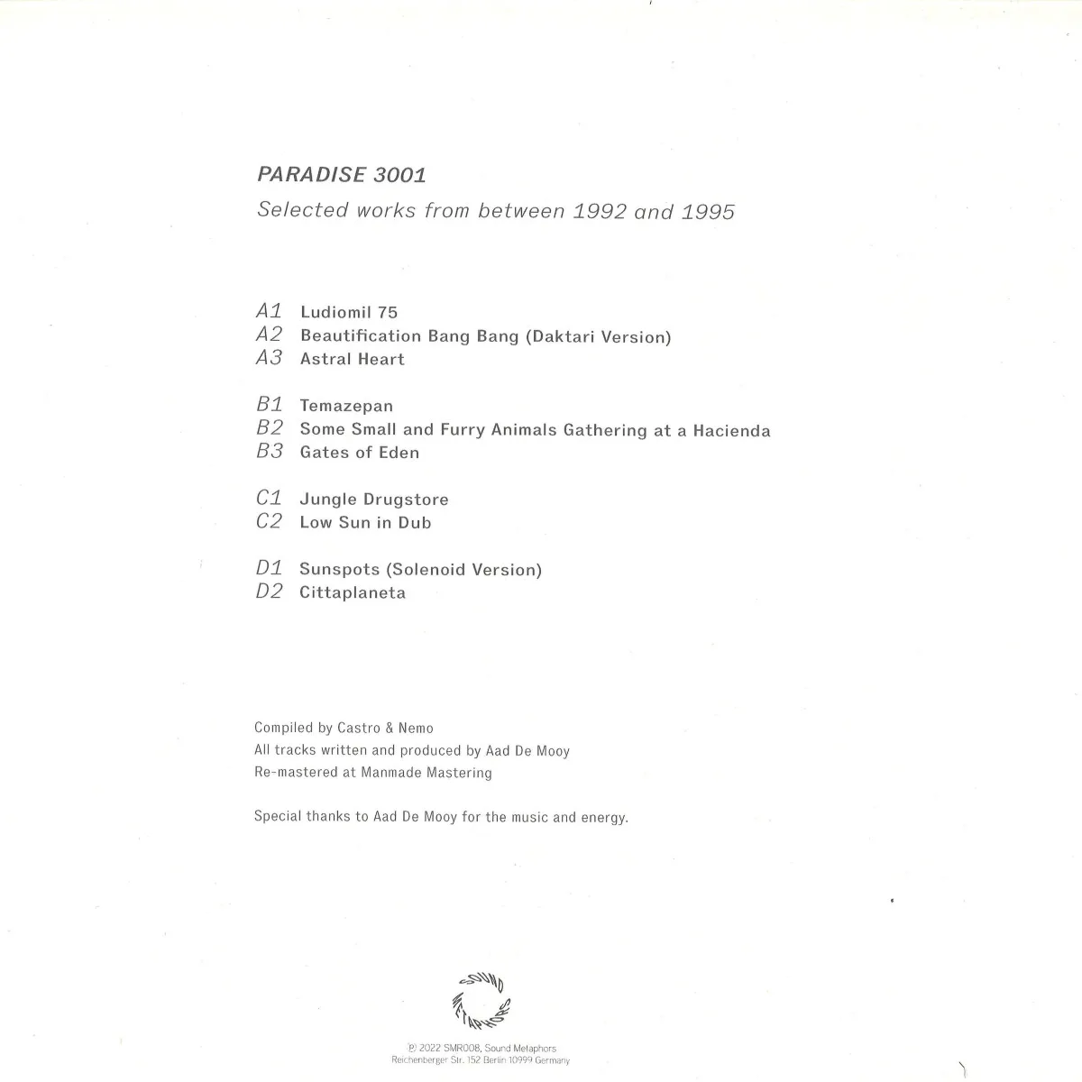 Обратная сторона обложки — PARADISE 3001 — Selected works from between 1992 and 1995 (2x12")