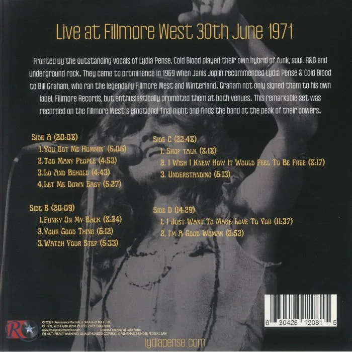 Обратная сторона обложки — Lydia PENSE / COLD BLOOD — Live At Fillmore West June 30th 1971