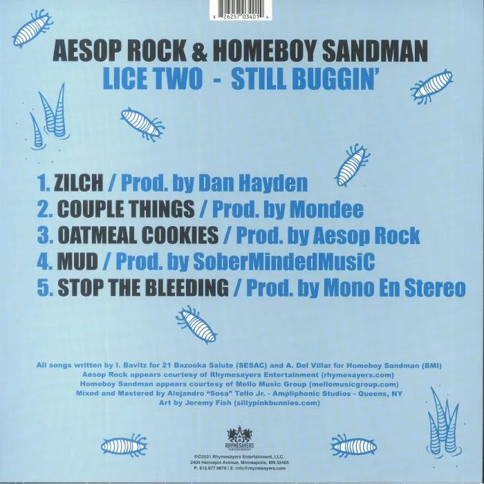 Back cover — AESOP ROCK / HOMEBOY SANDMAN — Lice Two: Still Buggin'