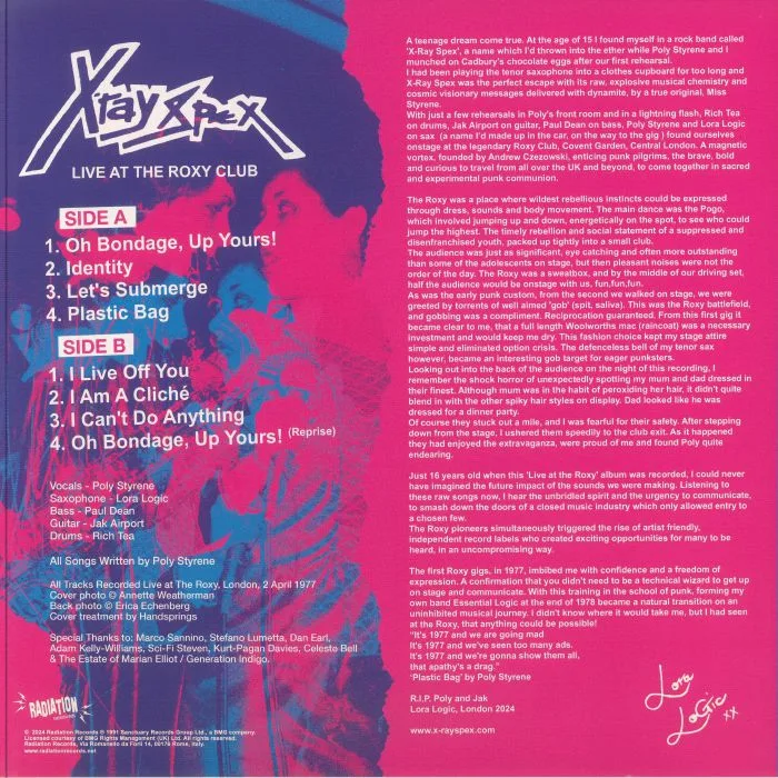 Back cover — X RAY SPEX — Live At The Roxy Club