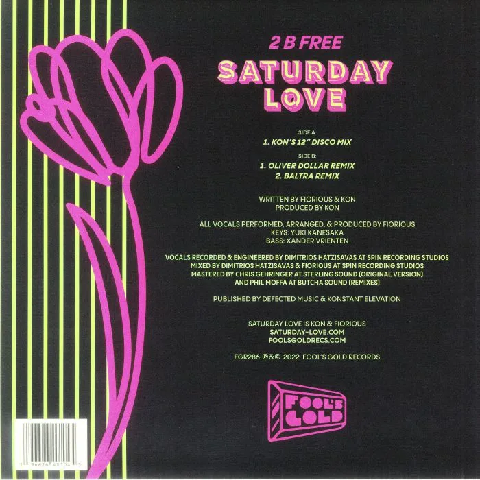 Обратная сторона обложки — SATURDAY LOVE aka KON & FIORIOUS — 2 B Free (remixes)