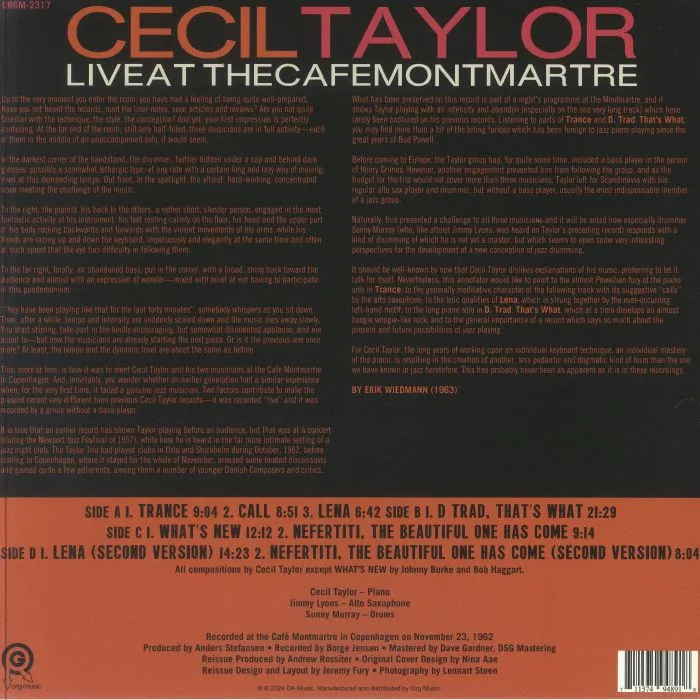 Back cover — Cecil TAYLOR — Live At The Cafe Montmartre (Record Store Day Black Friday RSD 2024)