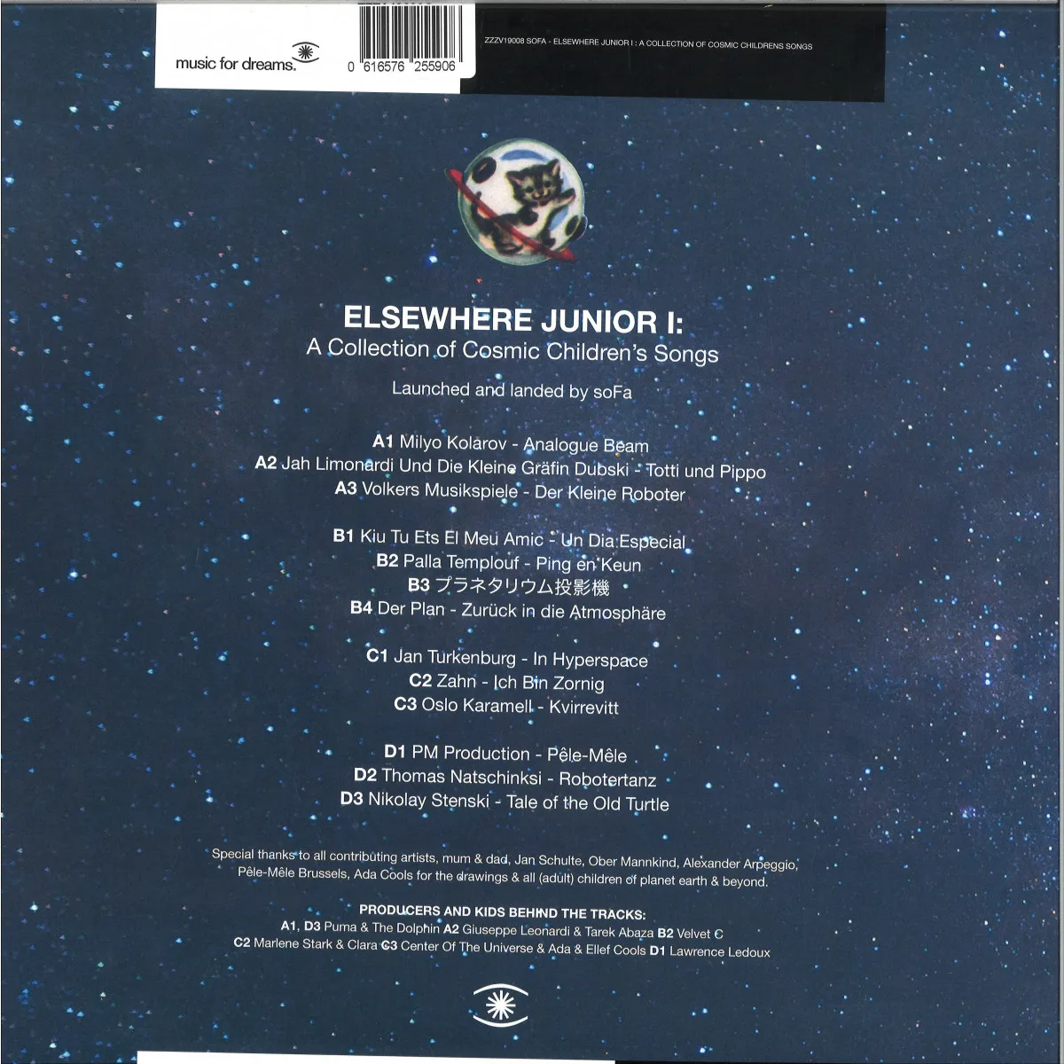 Обратная сторона обложки — Various — Elsewhere Junior I – A Collection of Cosmic Children’s Songs (repress on sandstone colour vinyl)