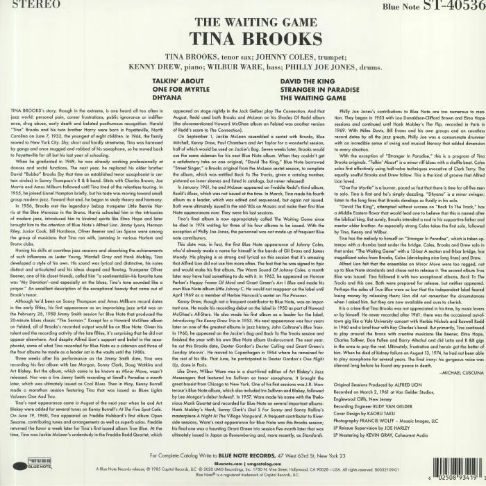 Back cover — Tina BROOKS — The Waiting Game (Tone Poet Series) (reissue)