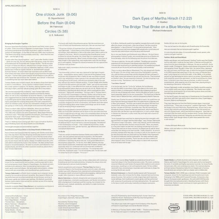 Back cover — SCANDINAVIAN ART ENSEMBLE with TOMASZ STANKO — The Copenhagen Session Vol 1