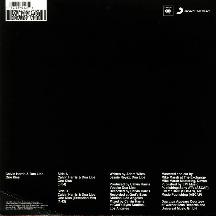 Back cover — Calvin HARRIS / DUA LIPA — One Kiss