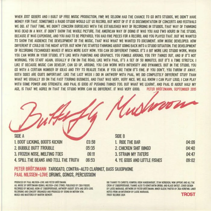 Back cover — Peter BROTZMANN / PAAL NILSSEN-LOVE — Butterfly Mushroom