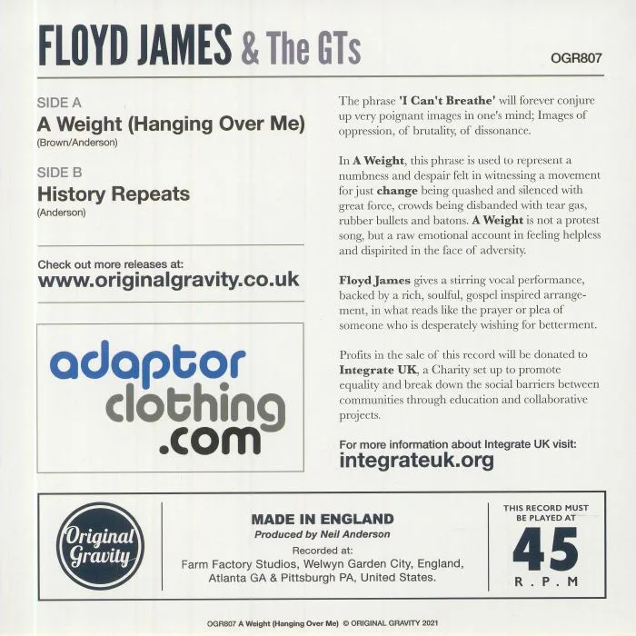 Back cover — Floyd JAMES & THE GT's — A Weight (Hanging Over Me)