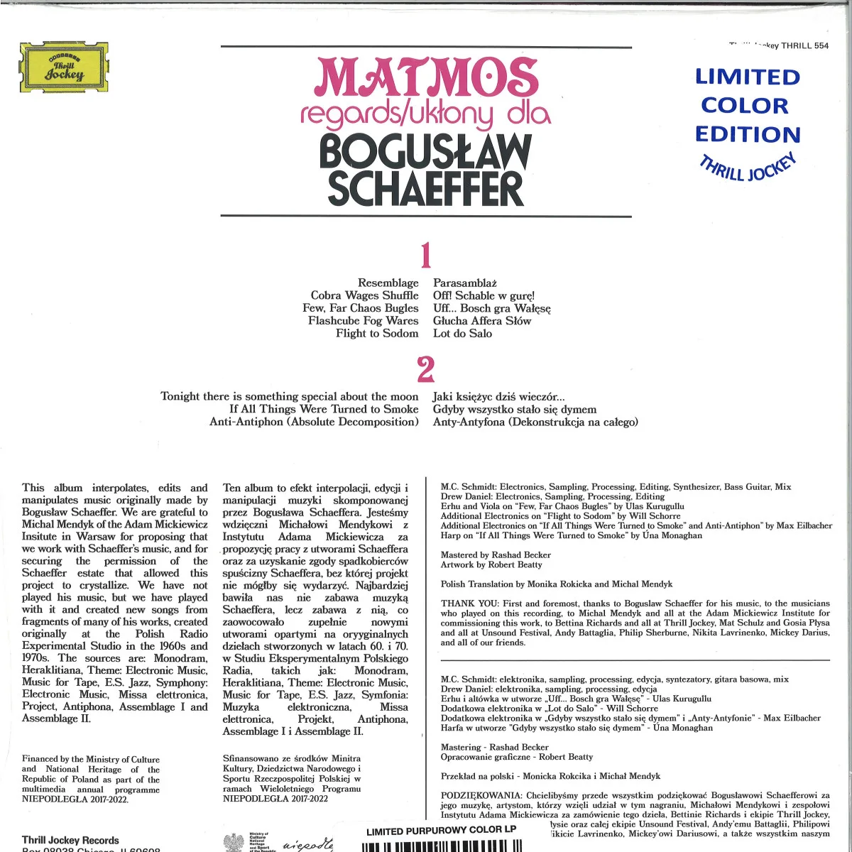 Обратная сторона обложки — Matmos — Regards Uklony Dla Boguslaw Schaeffer LP