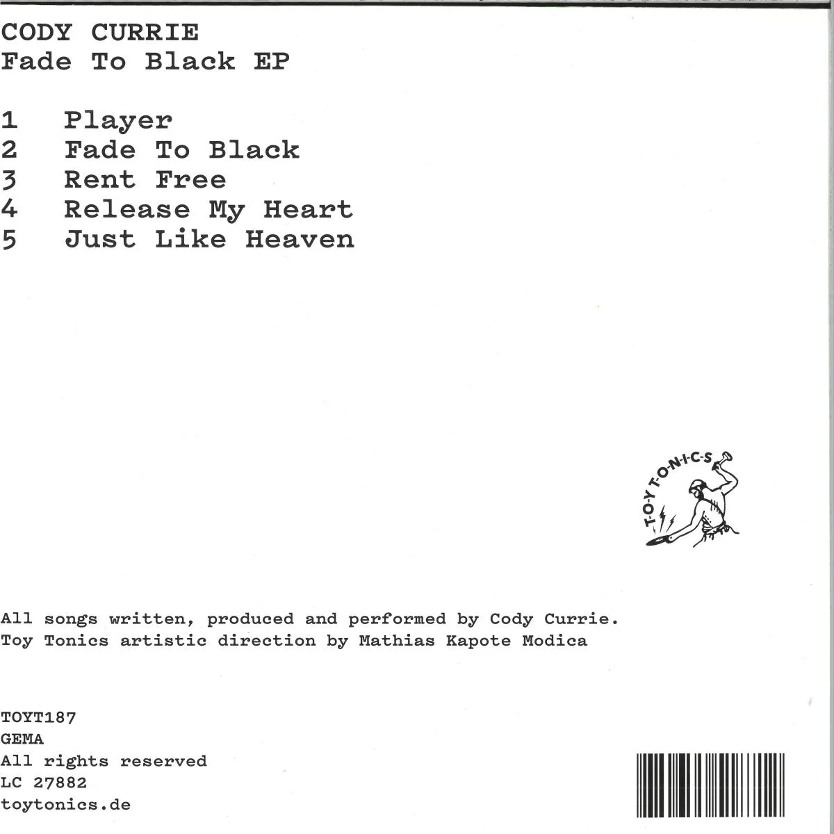 Обратная сторона обложки — Cody Currie — Fade To Black EP