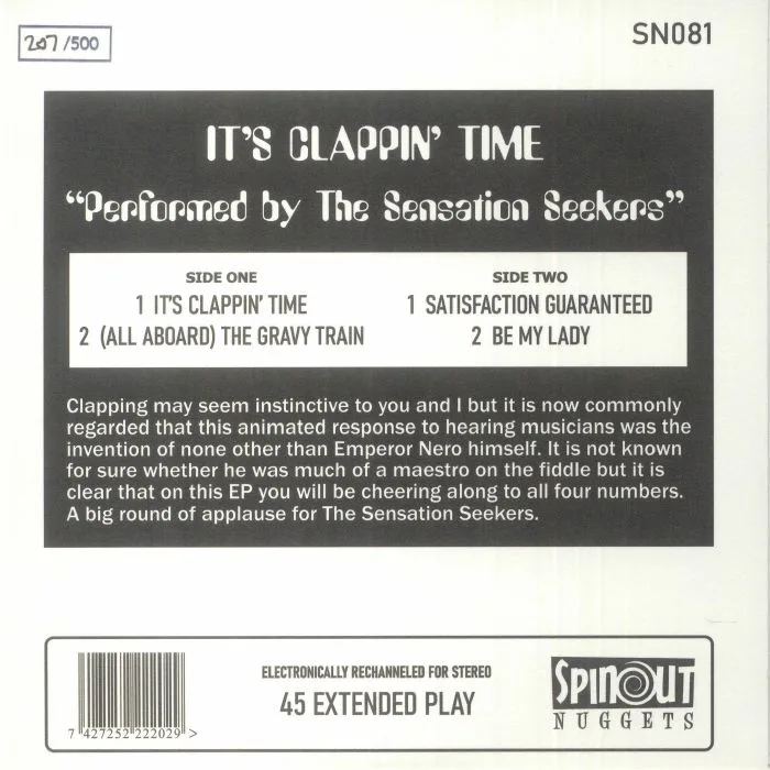 Back cover — The SENSATION SEEKERS — It's Clappin' Time