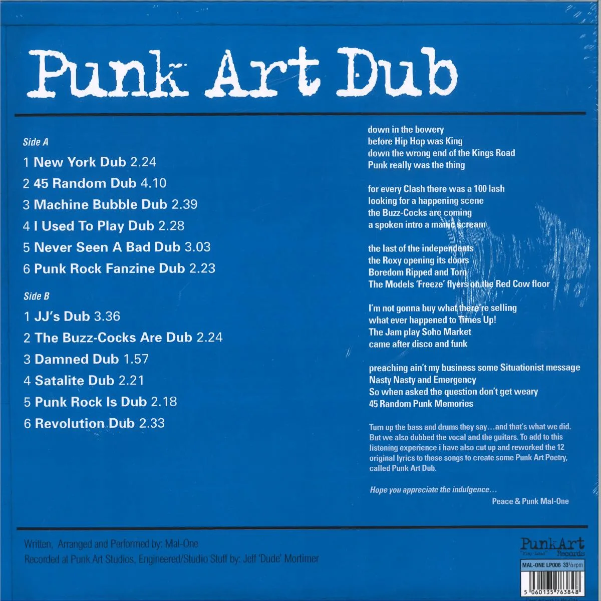 Обратная сторона обложки — Mal-One — Punk Art Dub LP