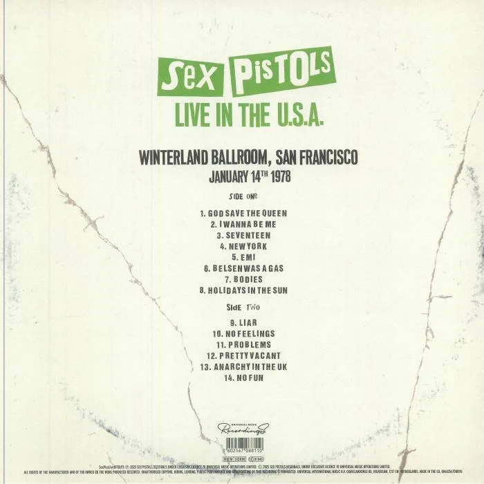 Back cover — SEX PISTOLS — Live In The USA: Winterland Ballroom, San Francisco January 14th 1978