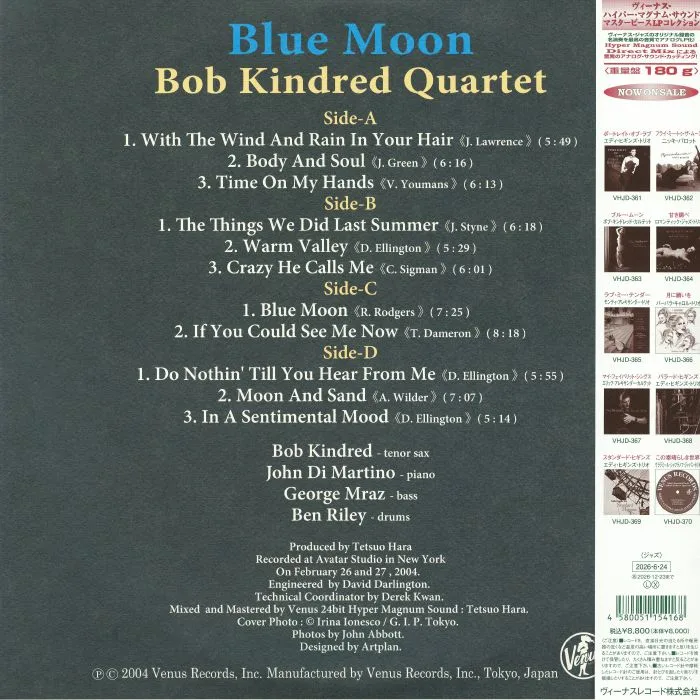 Back cover — BOB KINDRED QUARTET — Blue Moon (Venus Masterpiece LP Collection)