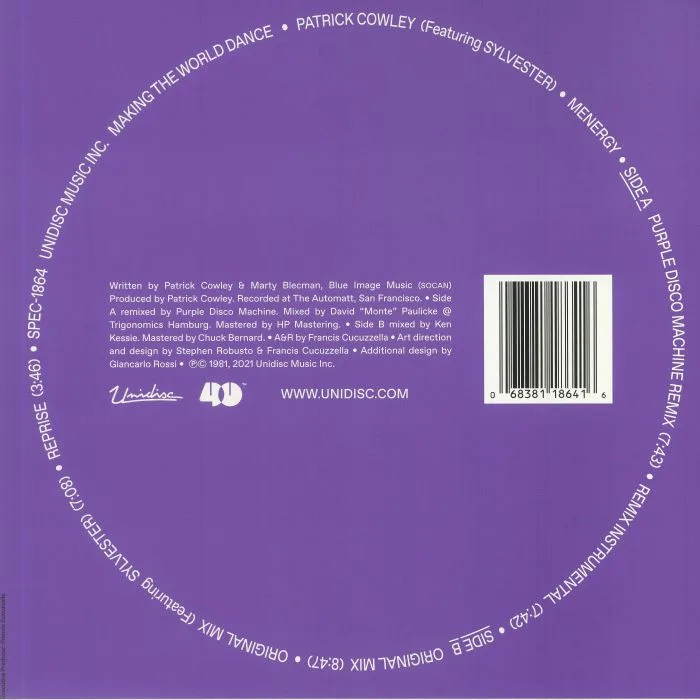 Back cover — Patrick COWLEY — Menergy (Purple Disco Machine remix)