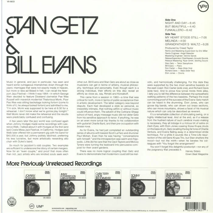 Back cover — Stan GETZ / BILL EVANS — Previously Unreleased Recordings (Acoustic Sounds Series)