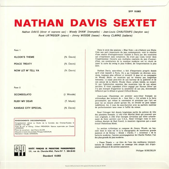Обратная сторона обложки — The NATHAN DAVIS SEXTET — Peace Treaty (reissue)