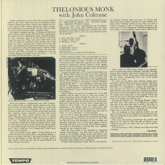 Back cover — Thelonious MONK with JOHN COLTRANE — Thelonious Monk With John Coltrane (reissue)
