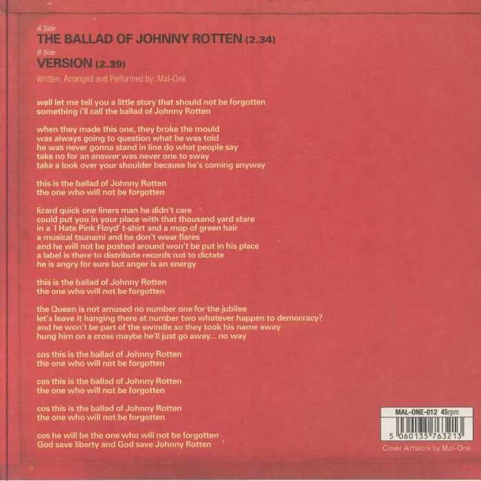 Обратная сторона обложки — MAL ONE — The Ballad Of Johnny Rotten