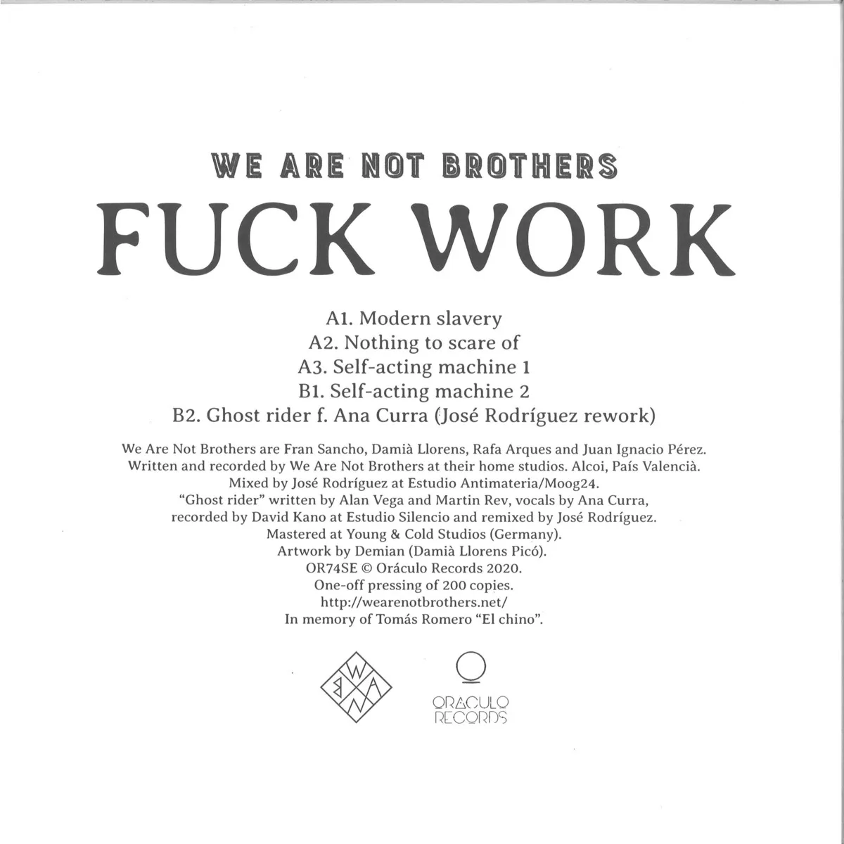 Обратная сторона обложки — We Are Not Brothers — FUCK WORK EP