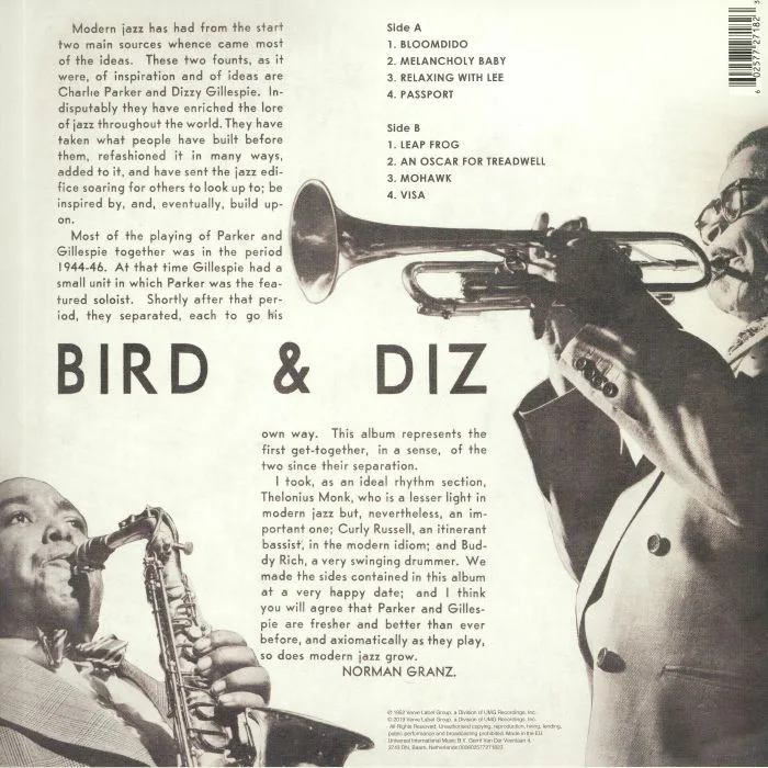 Back cover — Charlie PARKER / DIZZY GILLESPIE — Bird & Diz (reissue)