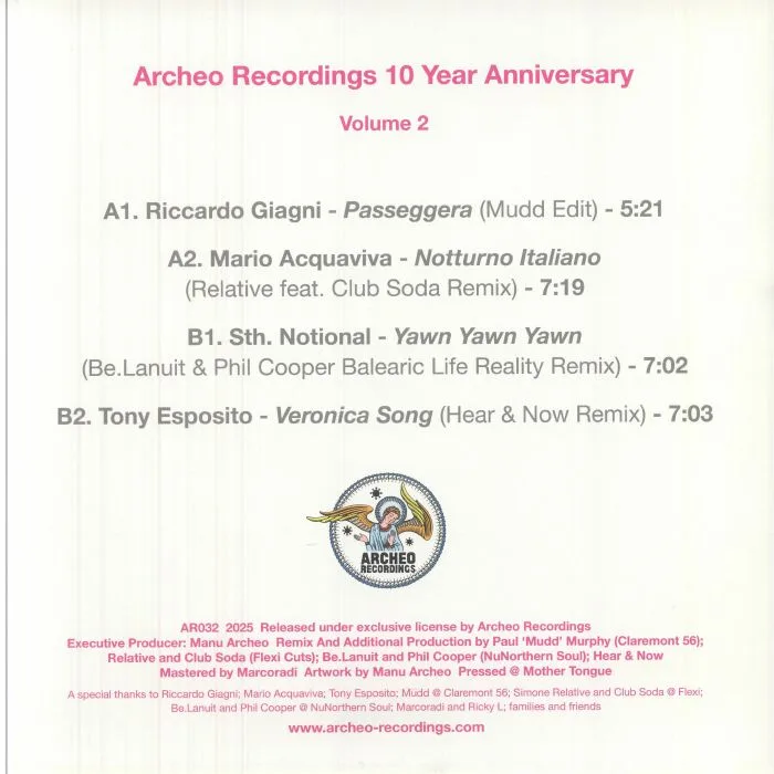 Back cover — Riccardo GIAGNI / MARIO ACQUAVIVA / STH NOTIONAL / TONY ESPOSITO — Archeo Recordings 10 Year Anniversary Volume 2