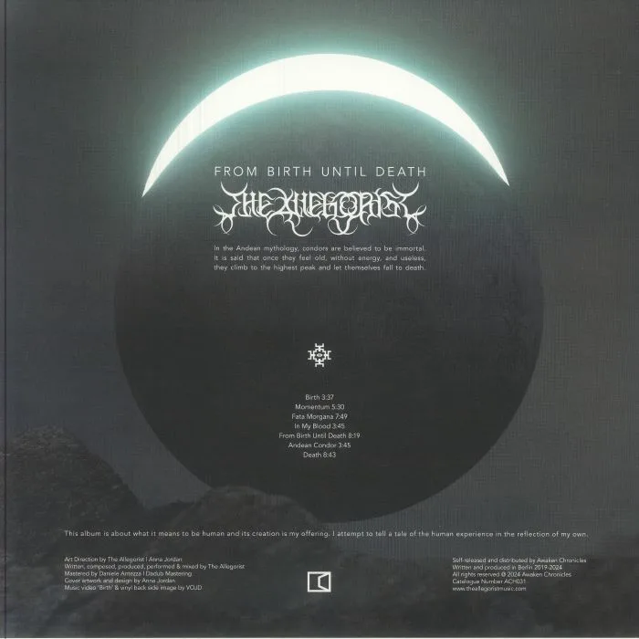 Back cover — The ALLEGORIST — From Birth Until Death