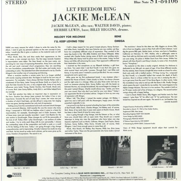 Обратная сторона обложки — Jackie McLEAN — Let Freedom Ring (Tone Poet Series)