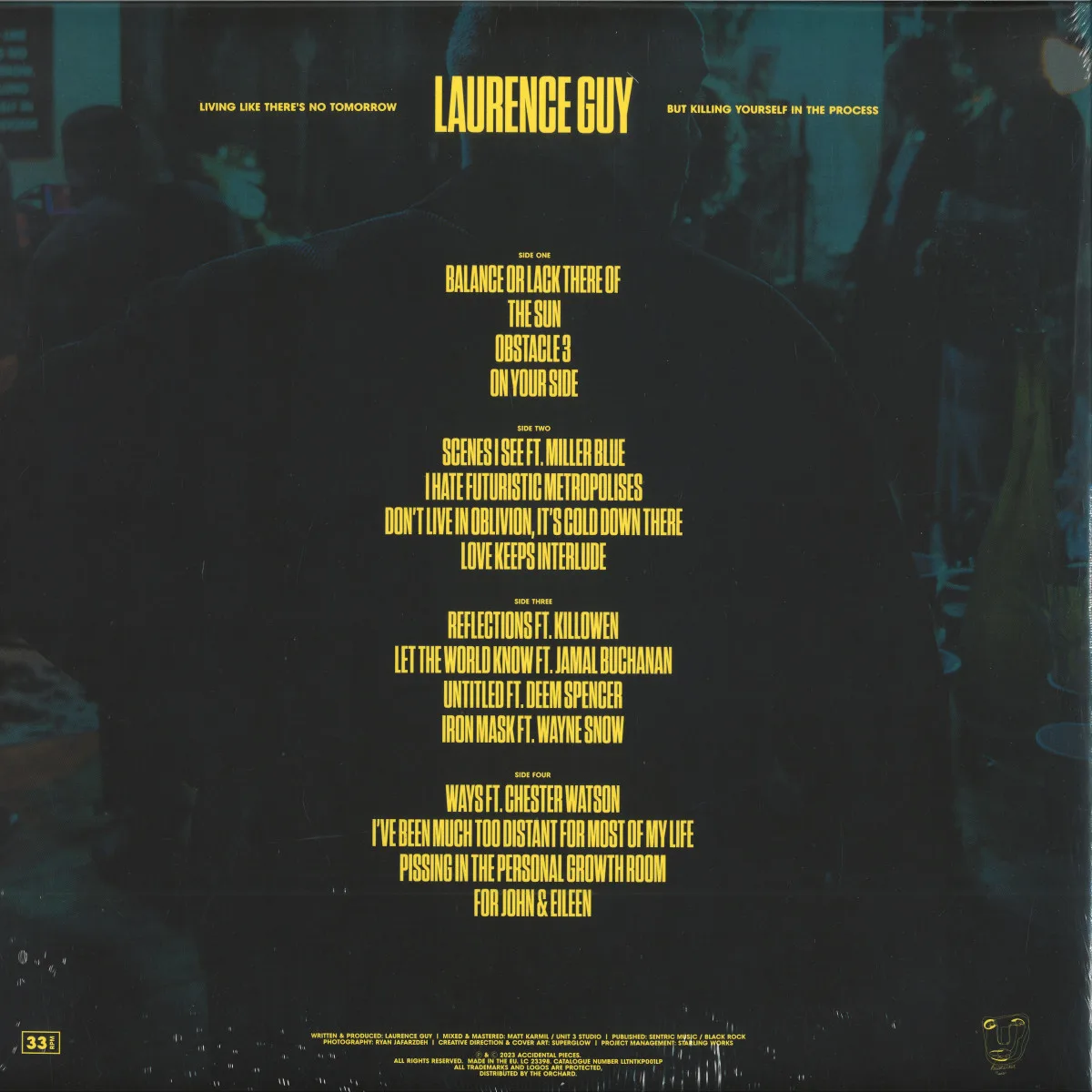 Обратная сторона обложки — Laurence Guy — Living Like There's No Tomorrow, But Killing Yourself In The Process LP 2x12"