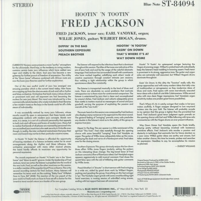Обратная сторона обложки — Fred JACKSON — Hootin' N Tootin' (Blue Note Tone Poet Series)
