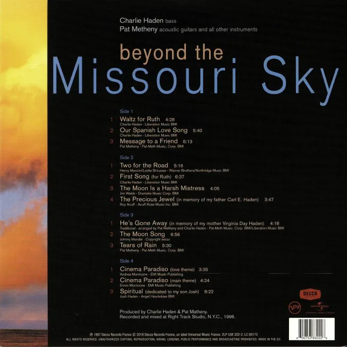 Back cover — Charlie HADEN / PAT METHENY — Beyond The Missouri Sky: Short Stories