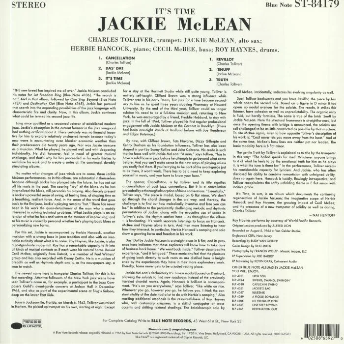 Обратная сторона обложки — Jackie McLEAN — It's Time (Tone Poet Series) (reissue)