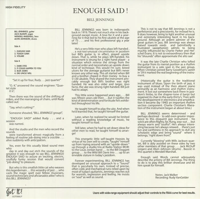 Back cover — Bill JENNINGS — Enough Said! (reissue)
