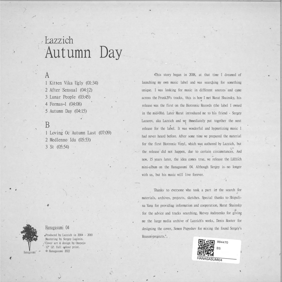 Back cover — Lazzich — Autumn Day LP