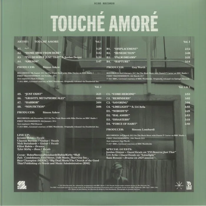 Обратная сторона обложки — TOUCHE AMORE — Chasing Brightness: The Complete BBC Sessions 2011-2025 (Record Store Day Black Friday RSD 2025)