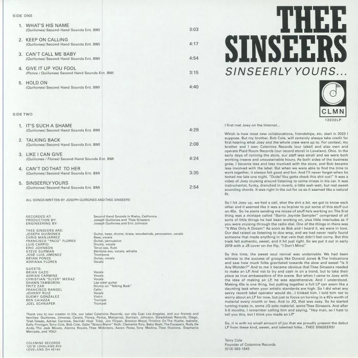 Обратная сторона обложки — THEE SINSEERS — Sinseerly Yours