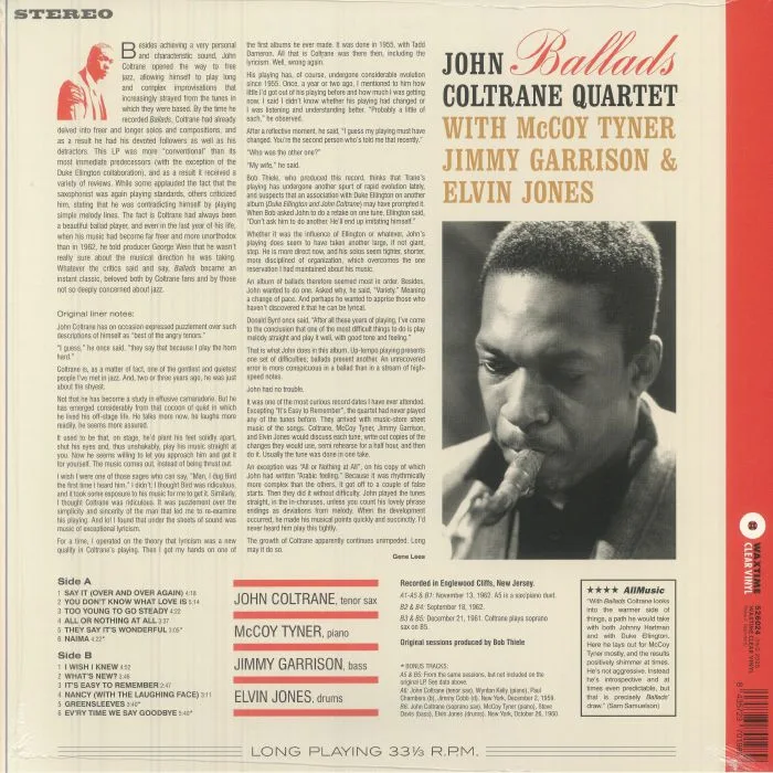 Обратная сторона обложки — JOHN COLTRANE QUARTET — Ballads (reissue)