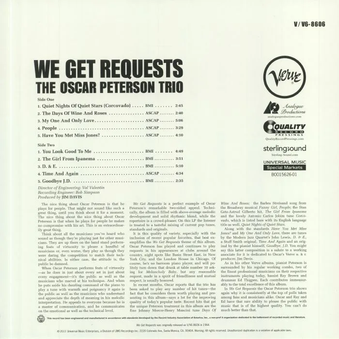 Обратная сторона обложки — The OSCAR PETERSON TRIO — We Get Requests (reissue) (B-STOCK)
