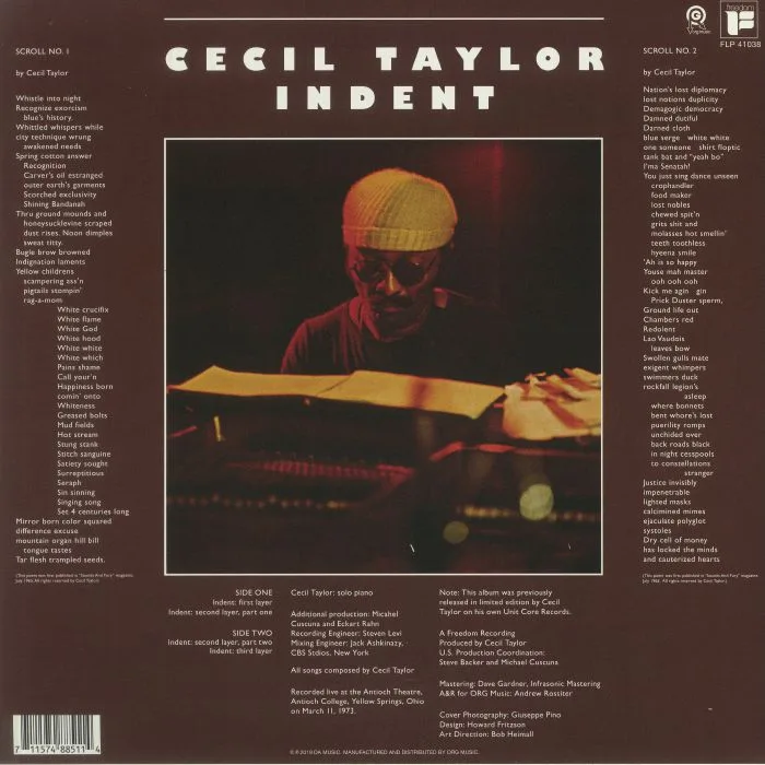 Back cover — Cecil TAYLOR — Indent (Record Store Day Black Friday 2019)