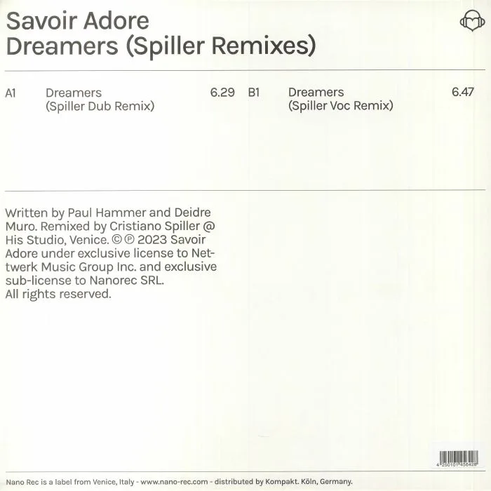 Обратная сторона обложки — SAVOIR ADORE — Dreamers (Spiller Remixes)