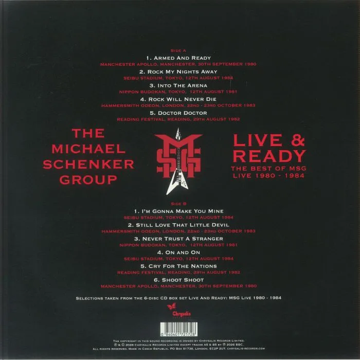 Back cover — The MICHAEL SCHENKER GROUP — Live & Ready: The Best of MSG Live 1980-1984 (Record Store Day RSD 2026)