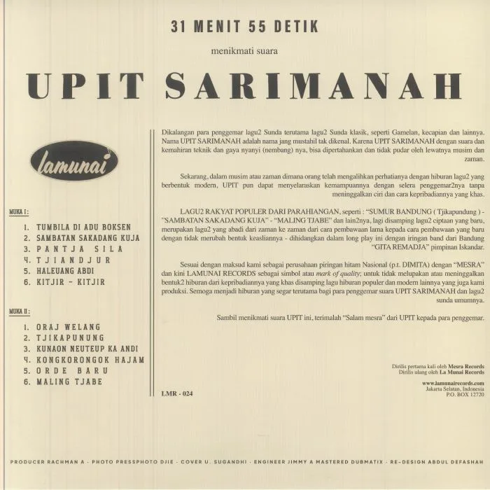 Back cover — Upit SARIMANAH — Upit Sarimanah