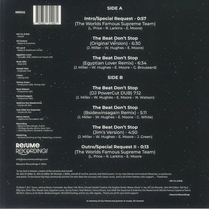 Back cover — MC GLOBE — The Beat Don't Stop (remixes)