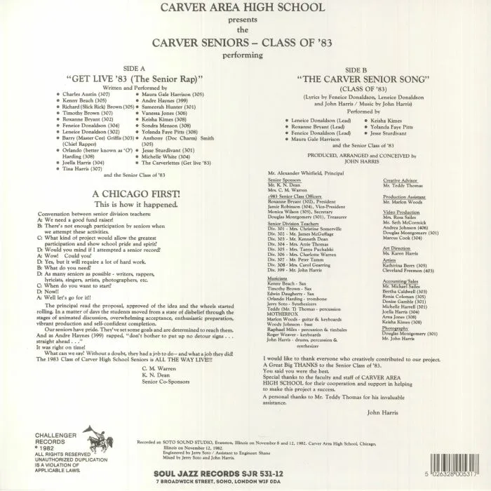 Обратная сторона обложки — CARVER AREA HIGH SCHOOL SENIORS — Get Live '83 (The Senior Rap) (reissue)