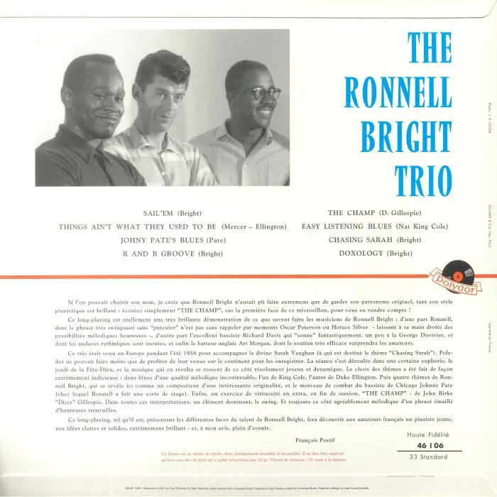 Back cover — The RONNELL BRIGHT TRIO — The Ronnell Bright Trio (remastered)