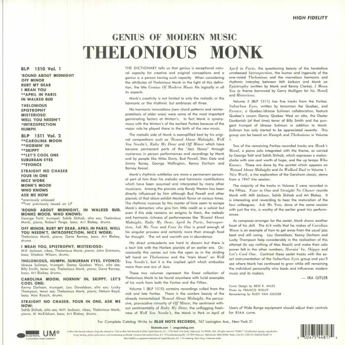 Back cover — Thelonious MONK — Genius Of Modern Music Vol 2 (Blue Note Classic Vinyl Edition)