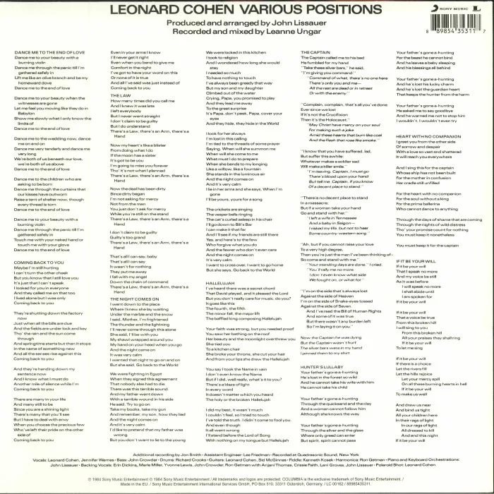 Back cover — Leonard COHEN — Various Positions (reissue)